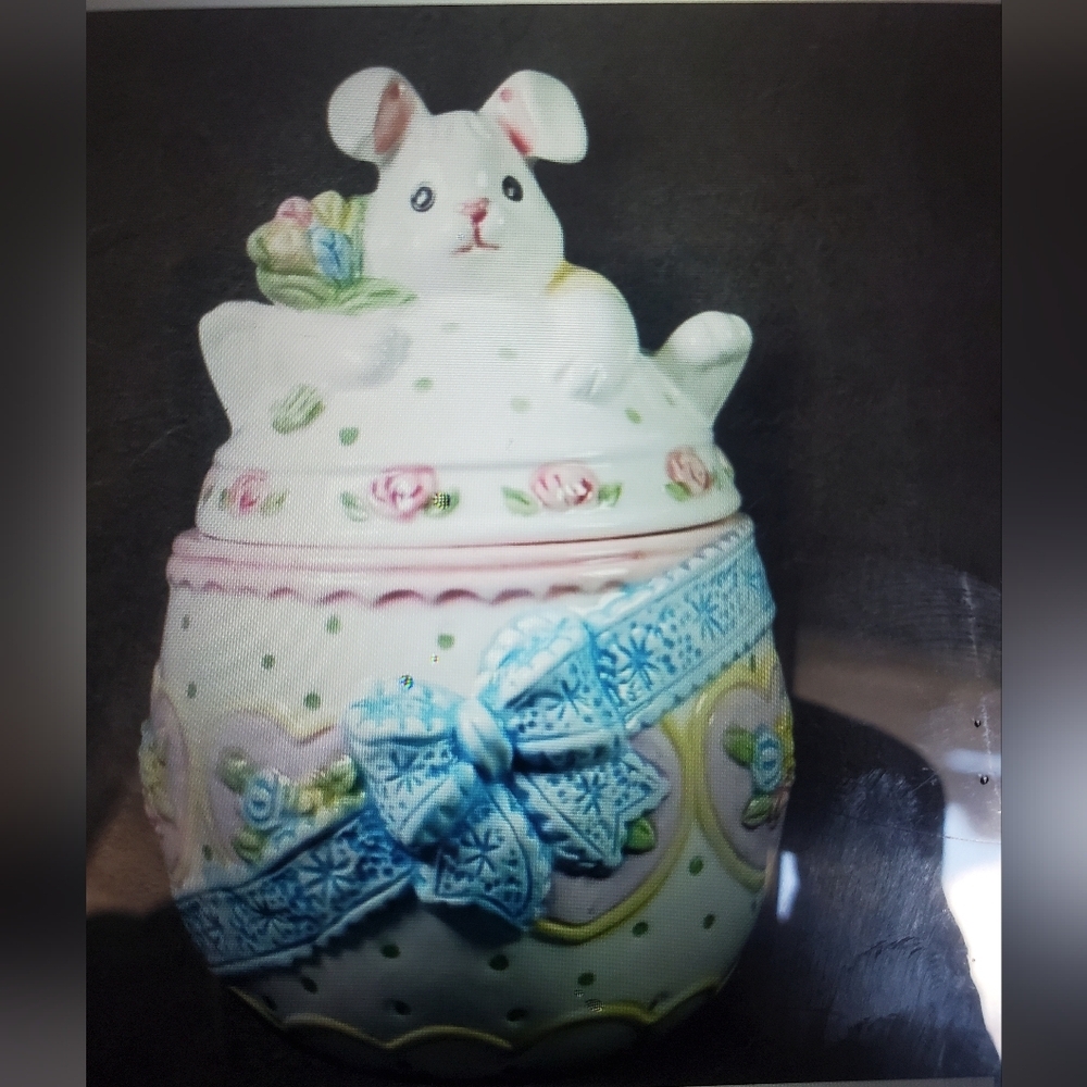 Ceramic Bunny Cookie Jar With Floral & Heart Details Pastel Colors Spring/Easter